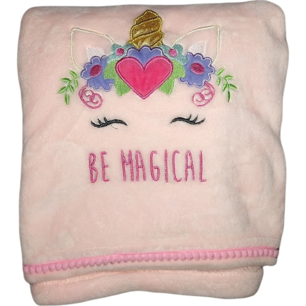 Manhattan Kids‎ Pink Be Magical Unicorn Baby Girl Blanket Heart Pom Pom Edge